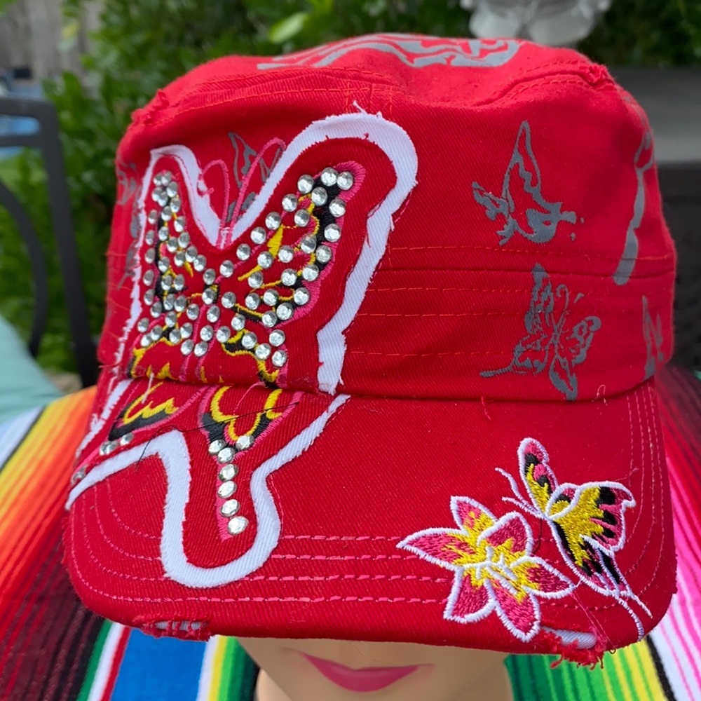 Red bling butterfly cap